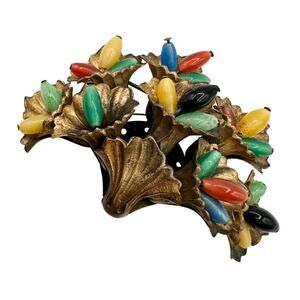 Czech Floral Bouquet Brooch c 20s Vtg Miriam Haskell Style Uranium Glass Beads
